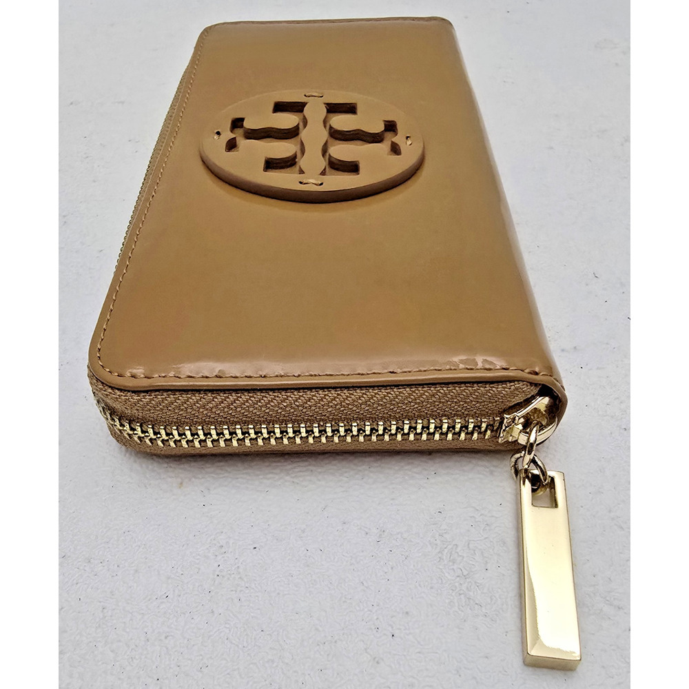 Tory Burch Patent Leather Zip Around Continental Wallet Caramel - Picture 6 of 11